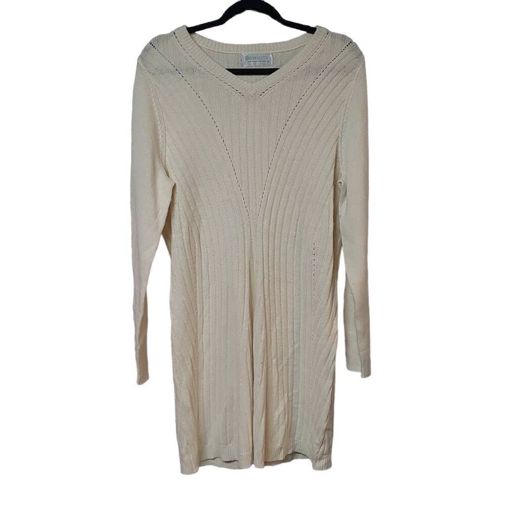 Merino viscose cashmere blend sweater dress V-neck AVENTURA cream long sleeve Lg